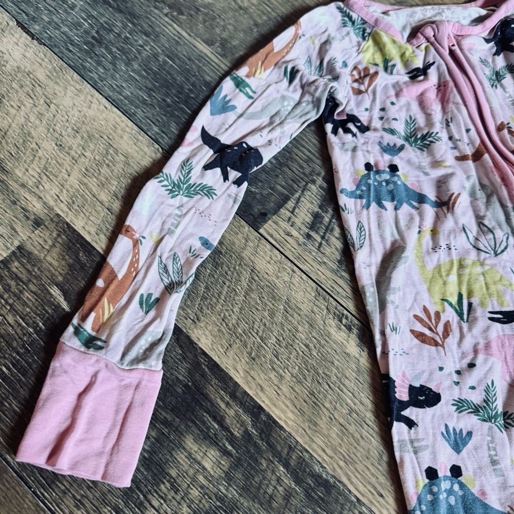 Little Sleepies Pink Floral and Green Dino Zip One-Piece Pajama - Picture 4 of 9